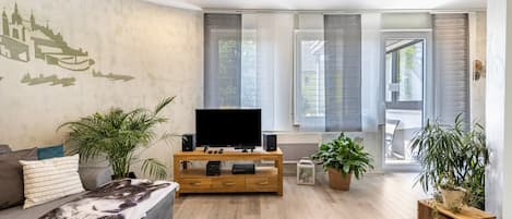 Télévision, cheminée, chaîne hi-fi