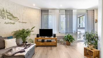 Een televisie, een open haard en een stereo