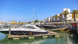Una marina con barcos amarrados, un muelle de madera y edificios con tiendas y restaurantes al fondo.