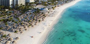 A beach resort with rows of palm trees, a sandy beach, and a clear blue ocean.