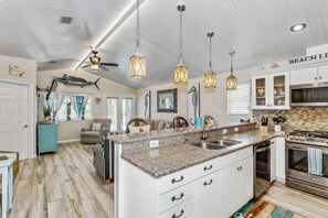 Fridge, microwave, dishwasher, coffee/tea maker