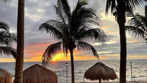 A beach with palm trees, thatched umbrellas, and lounge chairs. - 
7th-Floor Oceanfront Oasis: 4BR/4BA, Dive Pier & Walk to Town! (San Miguel de Cozumel)