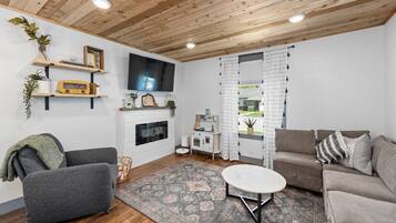 TV connectée, cheminée, livres, espaces bureaux