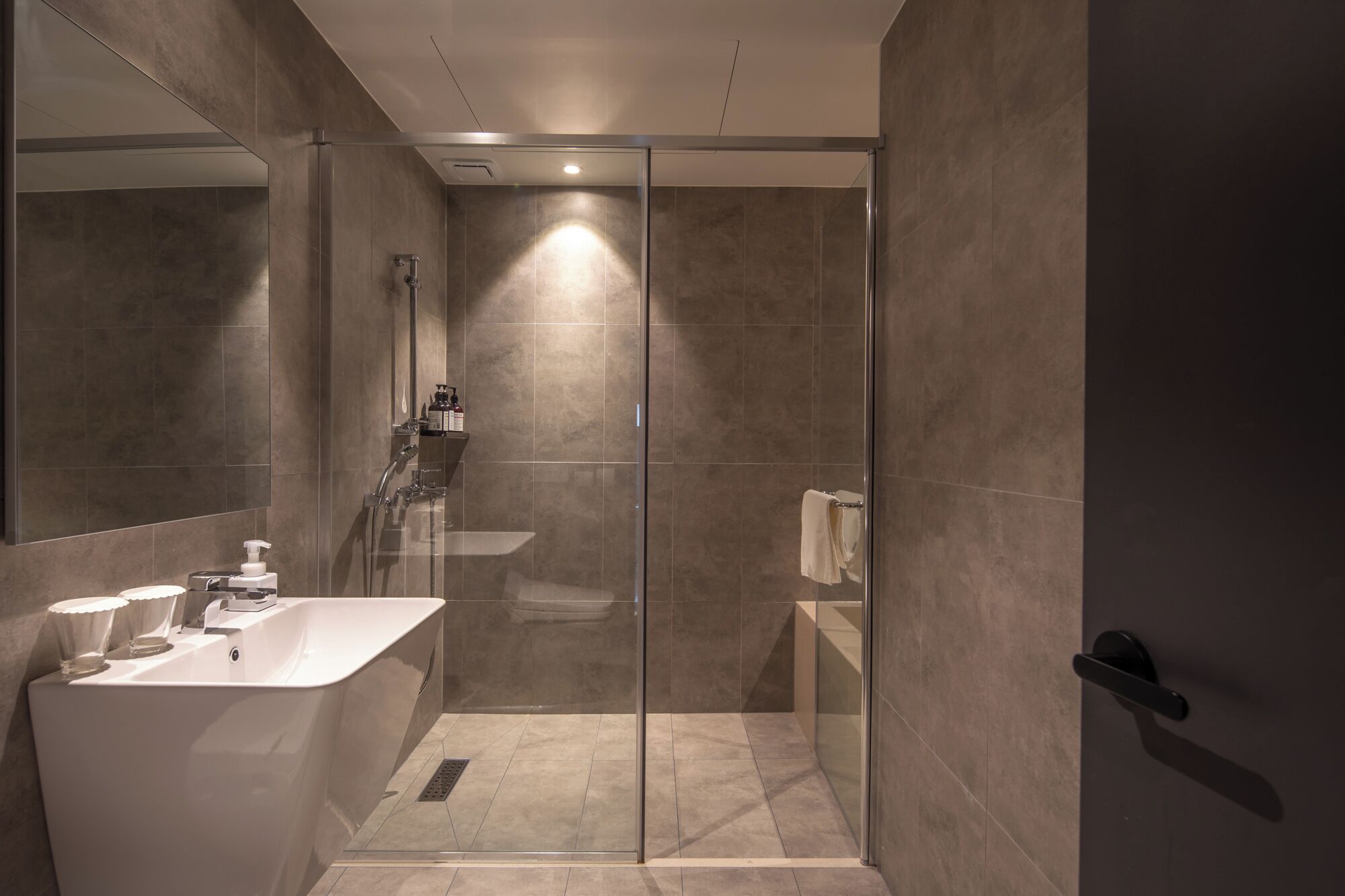 A modern bathroom with a glass shower enclosure, a white sink, and a mirror.