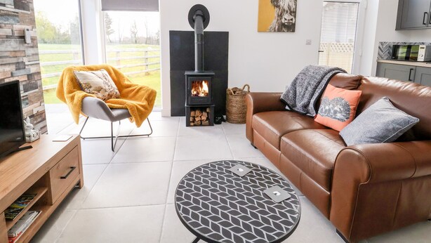 Una sala de estar moderna con chimenea, sofá de cuero y una mesa redonda.