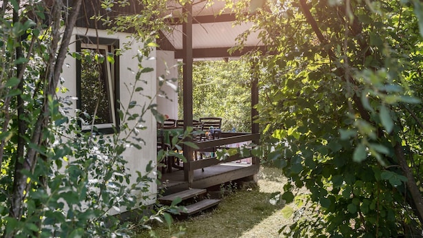 A wooden cabin with a covered patio, surrounded by lush greenery.