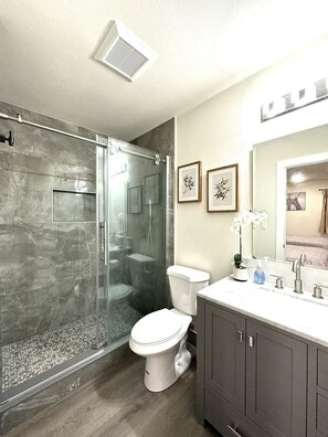 Shower, hair dryer, towels, soap