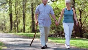 Two people walking on a paved path in a wooded area.
