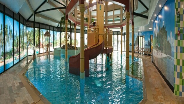 An indoor swimming pool with a central slide, surrounded by glass walls and tropical murals. - Modern Bungalow with Washer (Arcen)