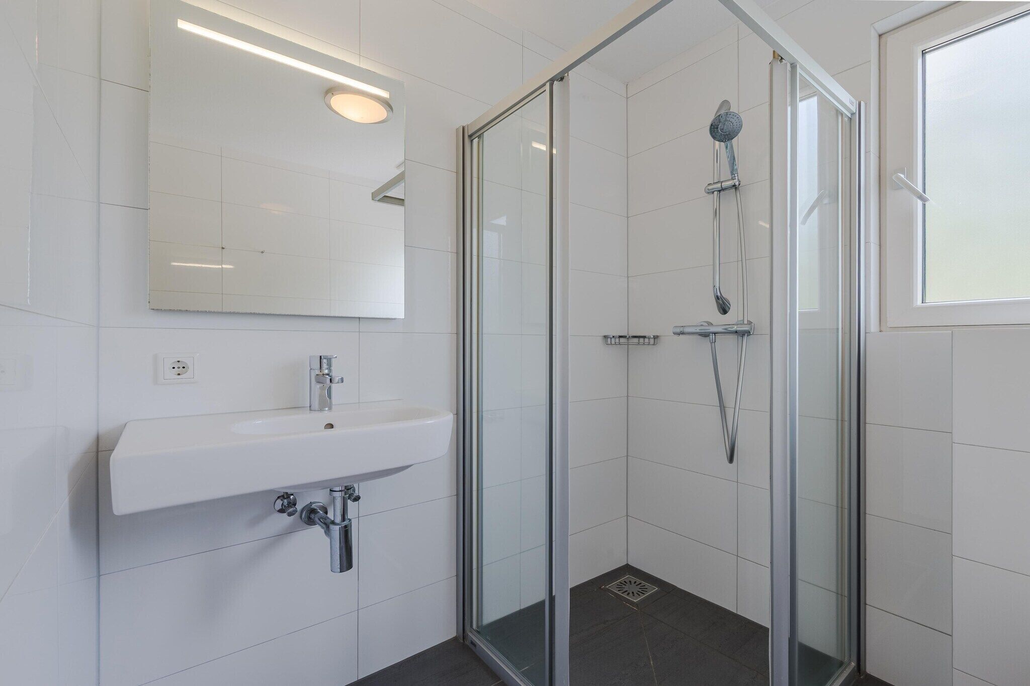 Ein modernes Badezimmer mit einer gläsernen Duschkabine, einem weißen Waschbecken und einem Spiegel darüber.