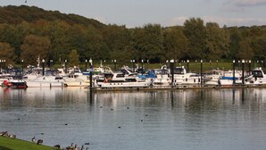 A marina with boats docked and geese on the shore. - Holiday Home in Netherlands with Private Garden (Plasmolen)