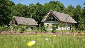 Deux cabanes rustiques aux toits de chaume, entourées d’une végétation luxuriante et d’un champ de fleurs sauvages.