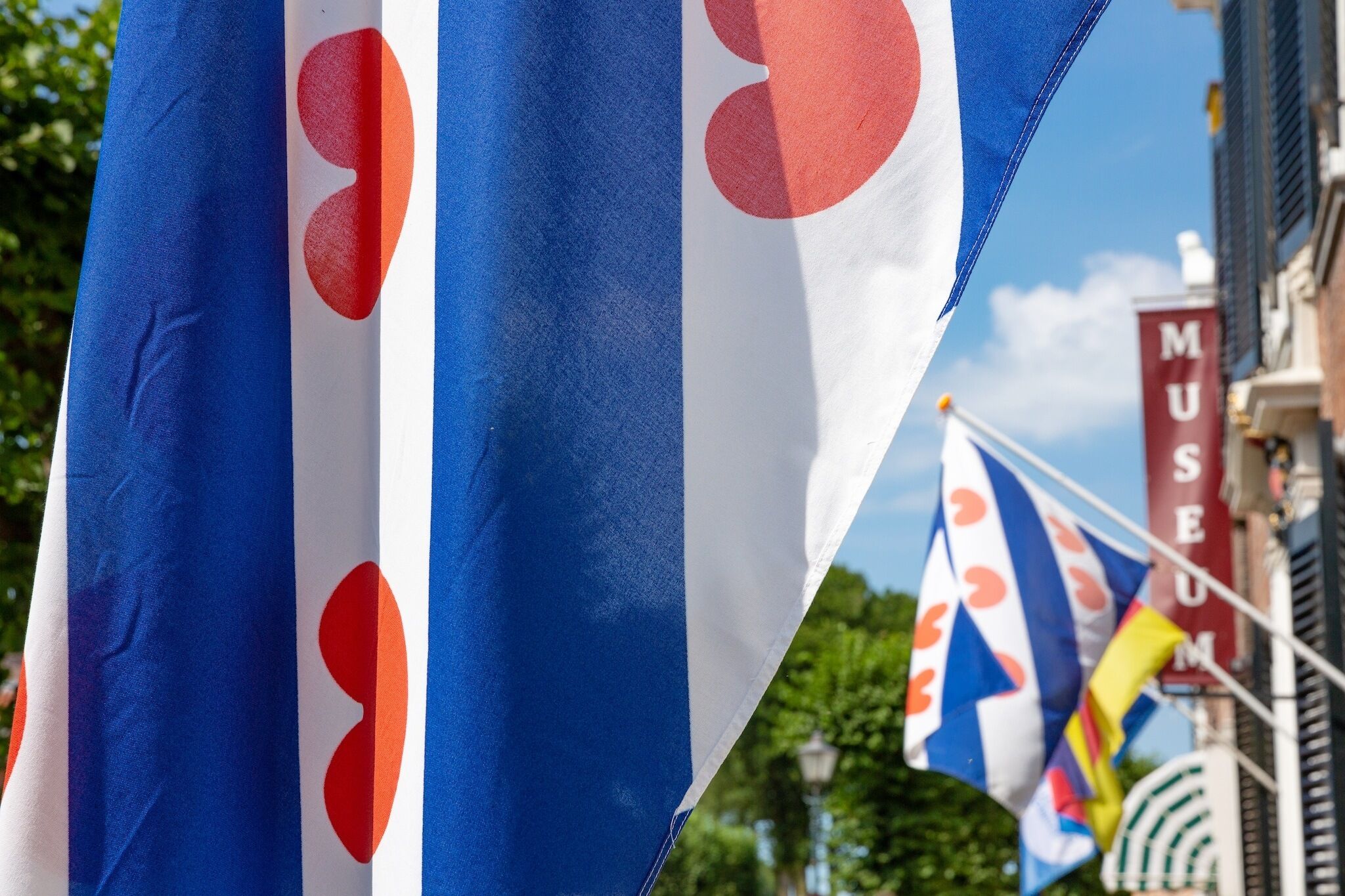 A flag with a red circle on a blue and white background.