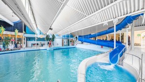 An indoor swimming pool with a blue slide, a hot tub, and a covered area with palm trees.