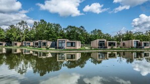 Une rangée de chalets modernes dotés de grandes fenêtres, situés au bord d’un lac paisible, et entourés d’une végétation luxuriante.