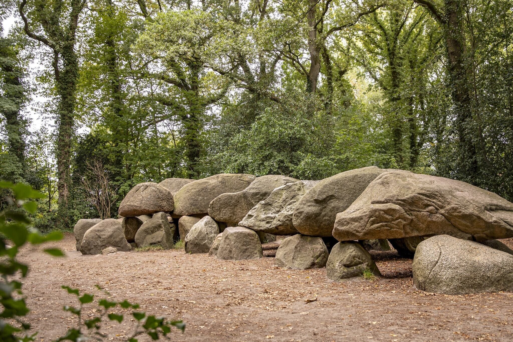 Paisagem natural com grandes pedras empilhadas em linha, rodeada por folhagem verde densa.