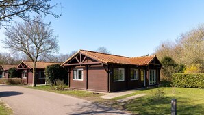 Een rij houten chalets met puntige daken, een verharde oprit en een verzorgd gazon.