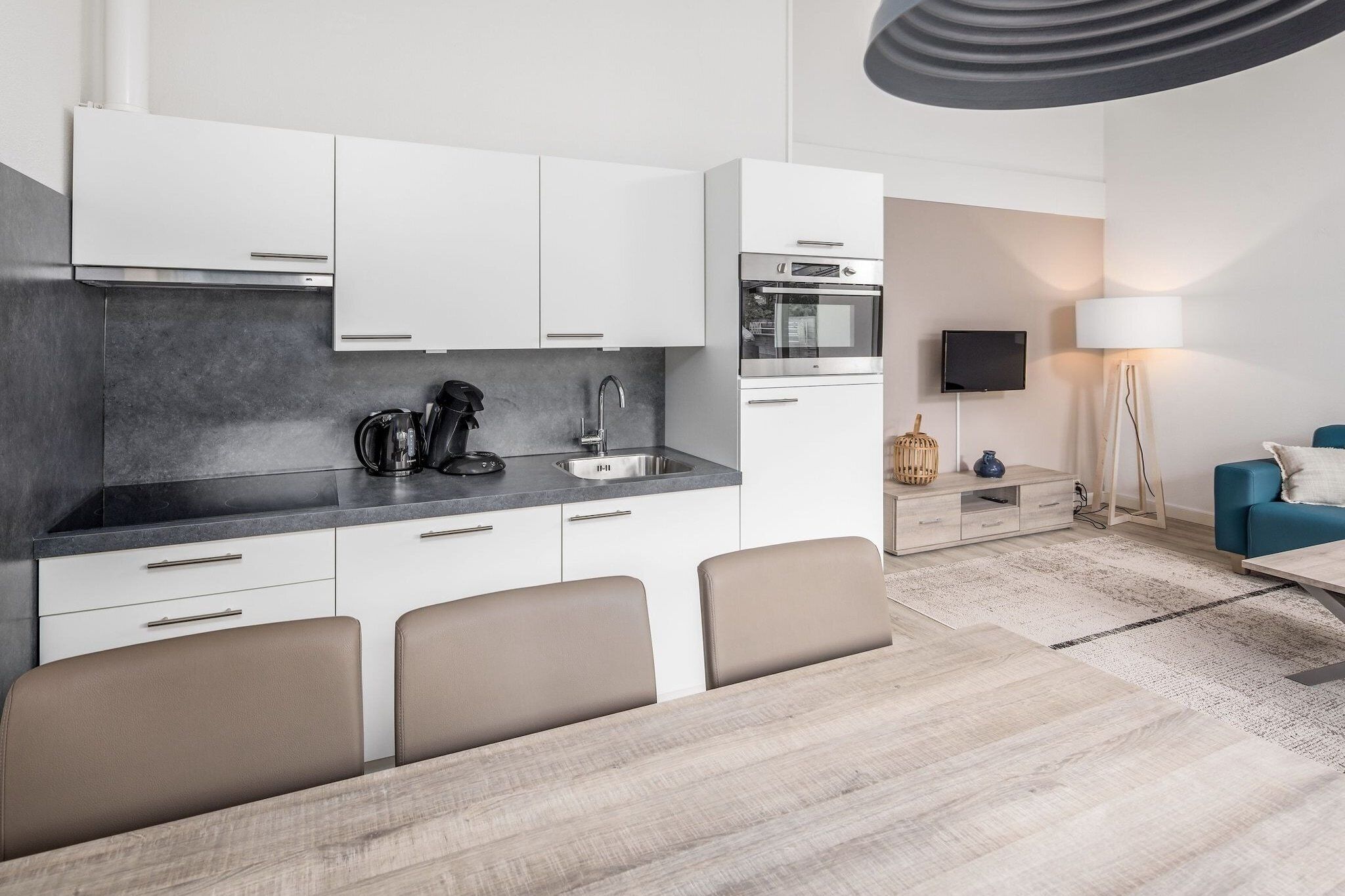 Réfrigérateur, micro-ondes, plaque de cuisson, lave-vaisselle