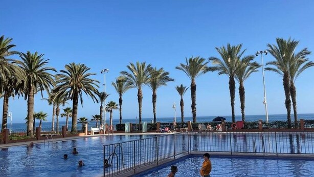 Zona de piscina con palmeras y vistas al mar.