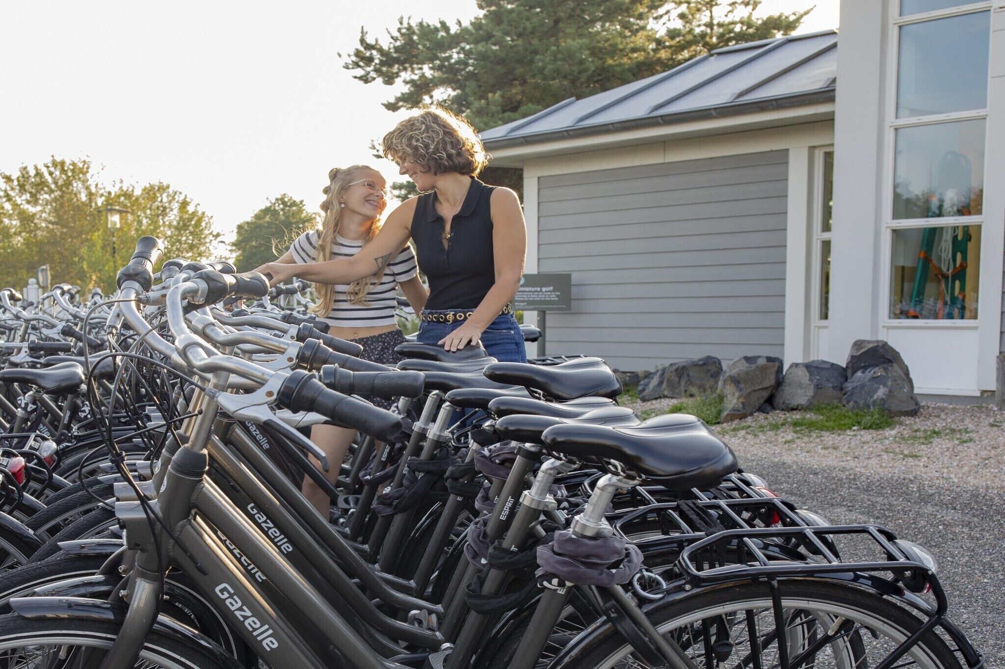 A row of bicycles parked outside a building with a garage door.