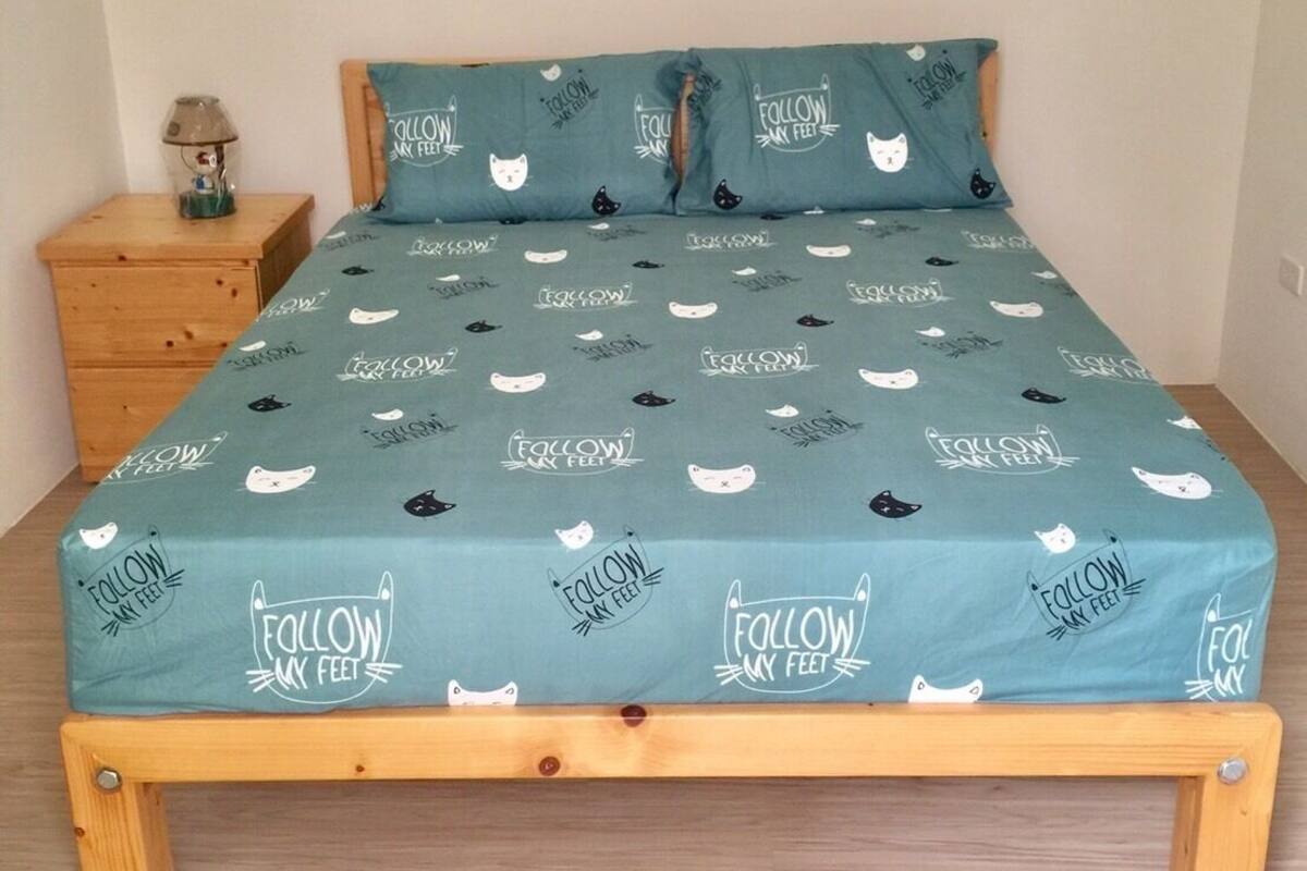 A single bed with a teal bedspread featuring cat patterns and the text "FOLLOW MY FEET." There is a wooden nightstand with a lamp beside the bed.