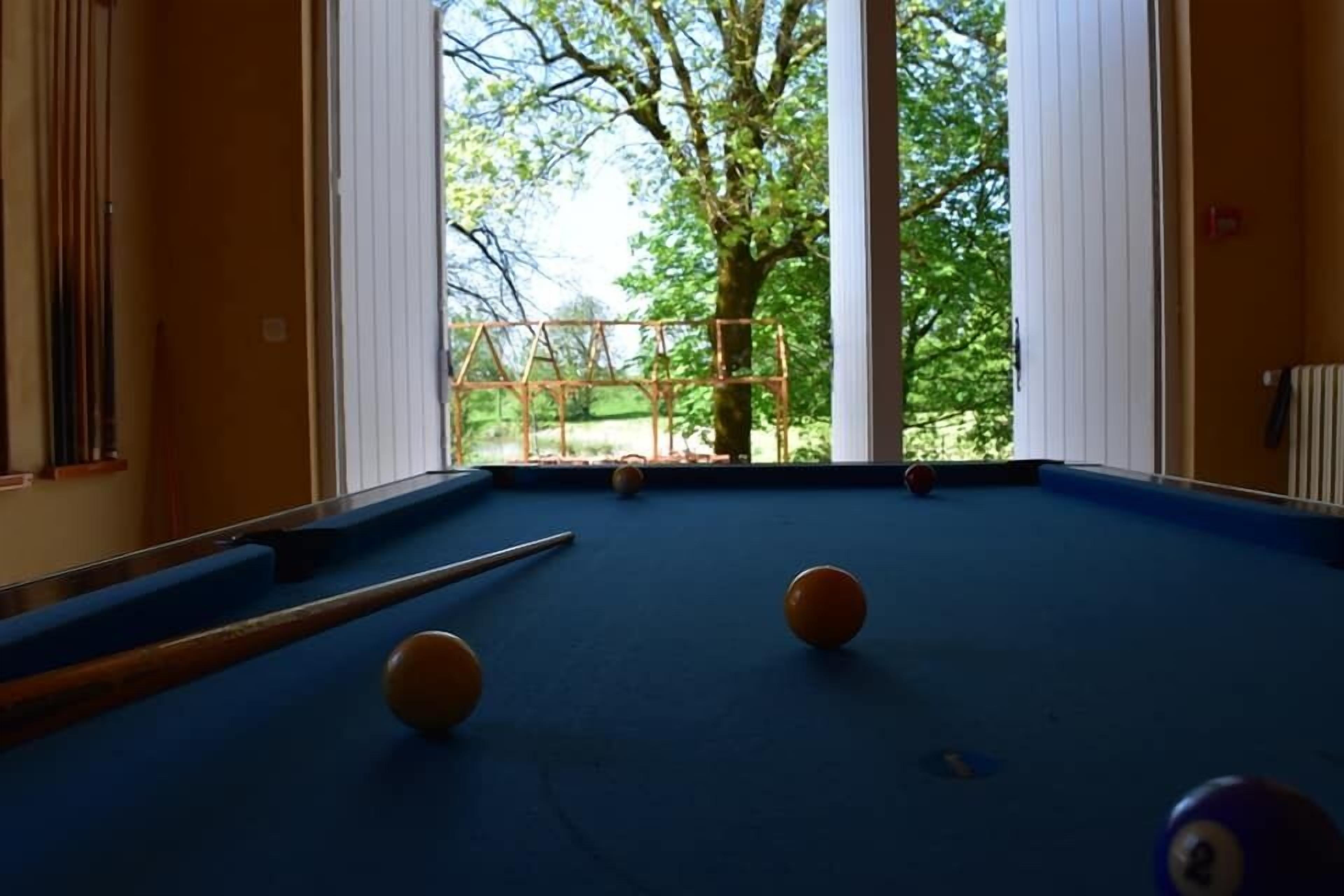 A pool table with balls, a wooden pool cue, and a window with a view of trees and a fence.