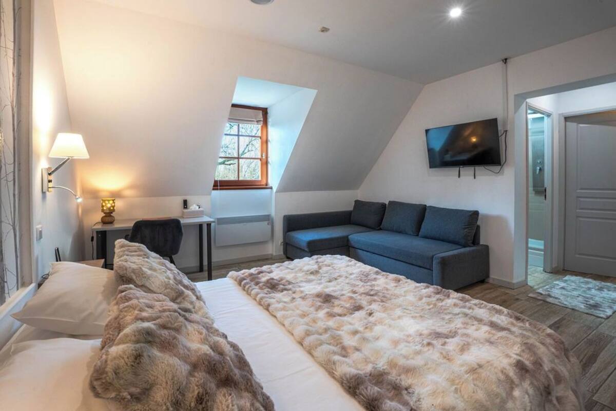 Une chambre à coucher avec un lit, un bureau, une chaise, un canapé, une télévision et une fenêtre.