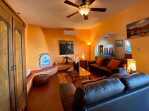 Smart TV, chimenea, libros y videoteca 