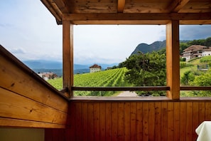 Ein Holzbalkon mit Blick auf einen Weinberg, einen Berg und ein Gebäude in der Ferne.
