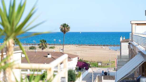 Une vue sur la côte, avec une plage, des palmiers et des bâtiments.