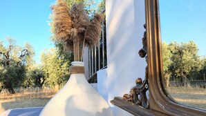 A white wall with a decorative vase of dried plants and a gold-framed mirror. - Villa 'Meridiana Case Al Mare' with Sea View, Private Terrace and Air Conditioning (Mattinata)