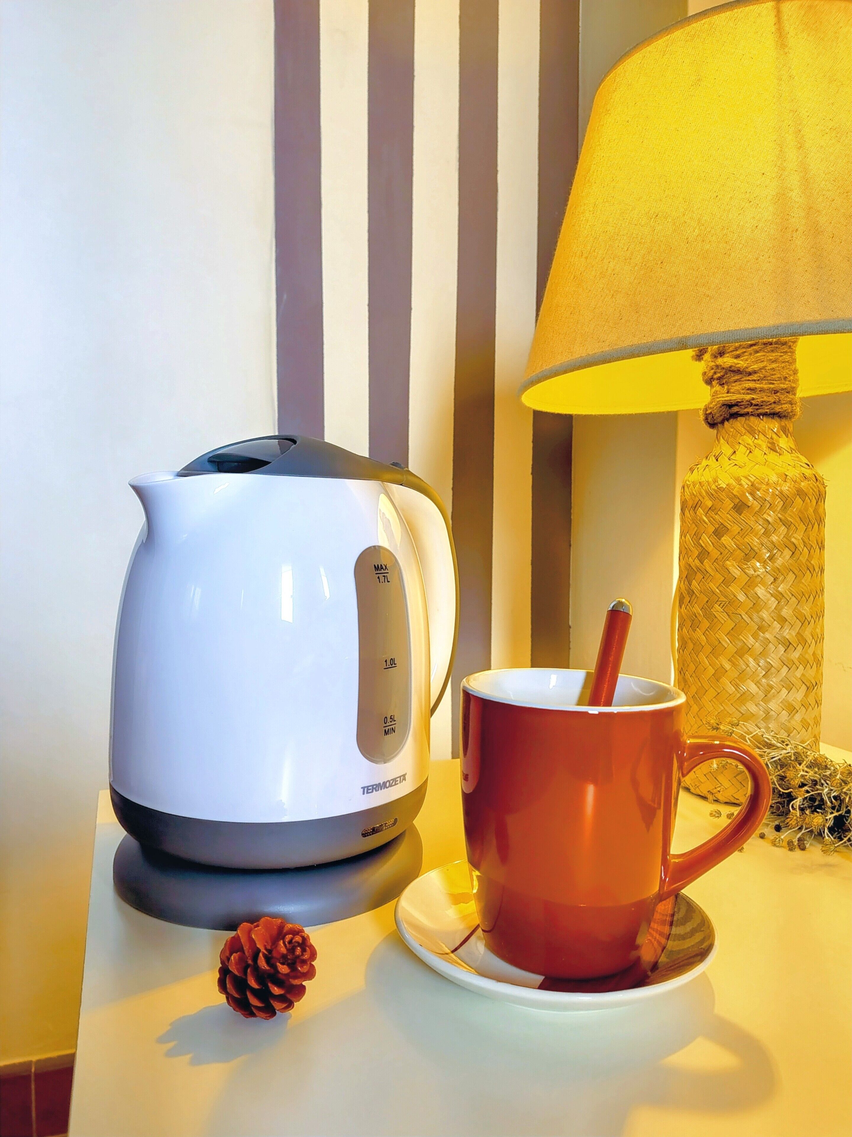 Une bouilloire électrique blanche, une tasse rouge avec une cuillère, et une pomme de pin sur une table blanche.