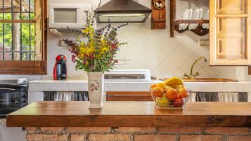 Coffee/tea maker, fridge, microwave, oven