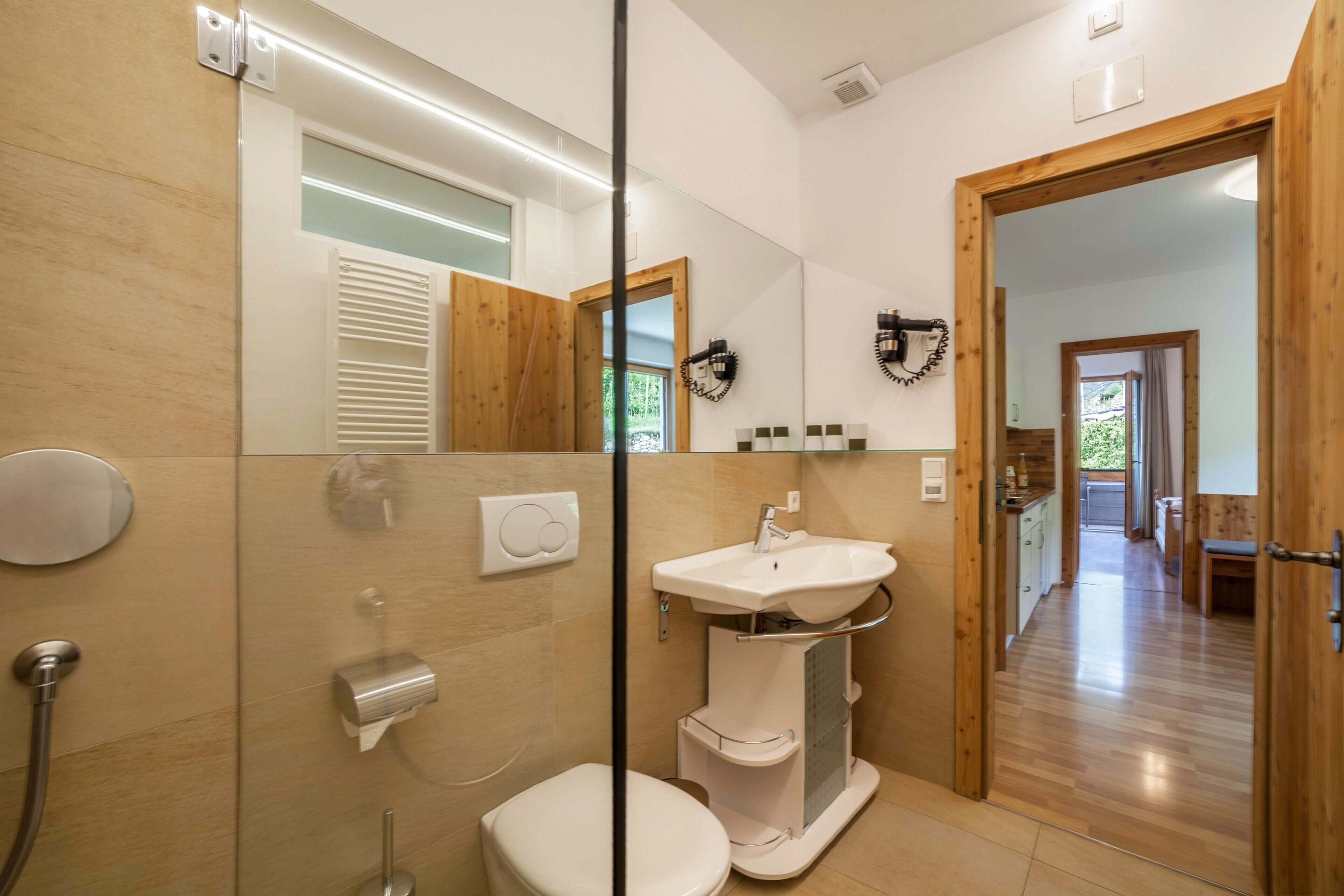 A modern bathroom with a glass shower enclosure, a toilet, a sink, and a mirror.