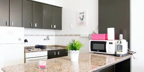 Una cocina con armarios oscuros, un microondas, un tostador y una planta en maceta sobre la encimera.