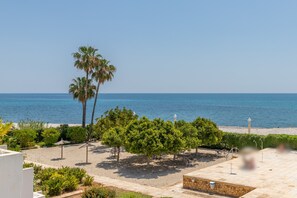 Une vue sur la plage, avec des palmiers, un mur de pierre et un ciel dégagé.