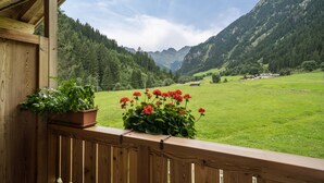 A wooden balcony with a potted plant and flowers, overlooking a green valley and mountains. - Holiday Apartment "Larch Soge Apt Helmuth" with Mountain View, Balcony & Shared Garden (Racines)