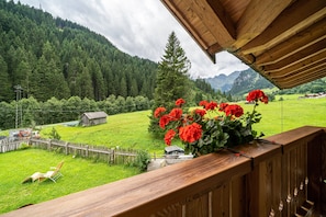 A wooden balcony with a view of a green field, a wooden fence, and a mountain in the background. - Holiday Apartment "Larch Soge Apt Paula" with Mountain View, Private Terrace & 2 Balconies (Racines)