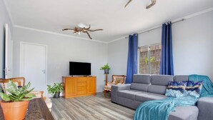 Een woonkamer met een grijze bank, een televisie op een houten kast, een potplant en een groot raam met blauwe gordijnen.
