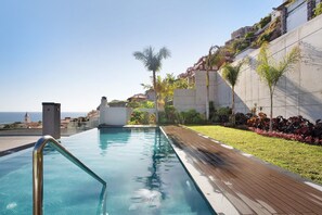 Une piscine dotée d’une terrasse en bois, entourée d’un mur en béton et d’une zone herbeuse agrémentée de plantes.