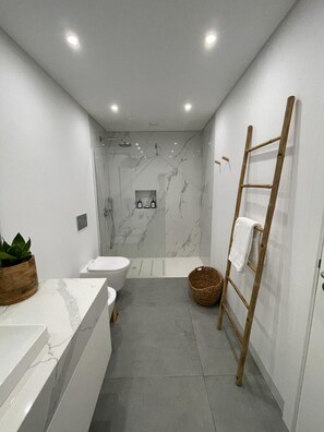 Regadera, secadora de cabello, toallas 