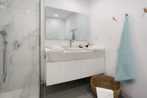 Shower, hair dryer, towels