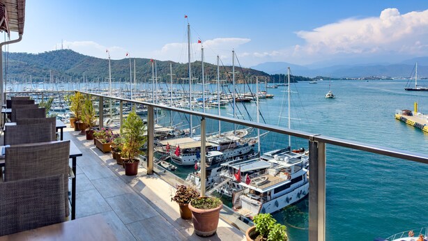 A balcony with potted plants, overlooking a marina with numerous boats and a clear blue sky. - Dedeoğlu Port Hotel (Fethiye)