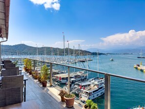 A balcony with potted plants, overlooking a marina with numerous boats and a clear blue sky. - DedeoÄŸlu Port Hotel (Fethiye)