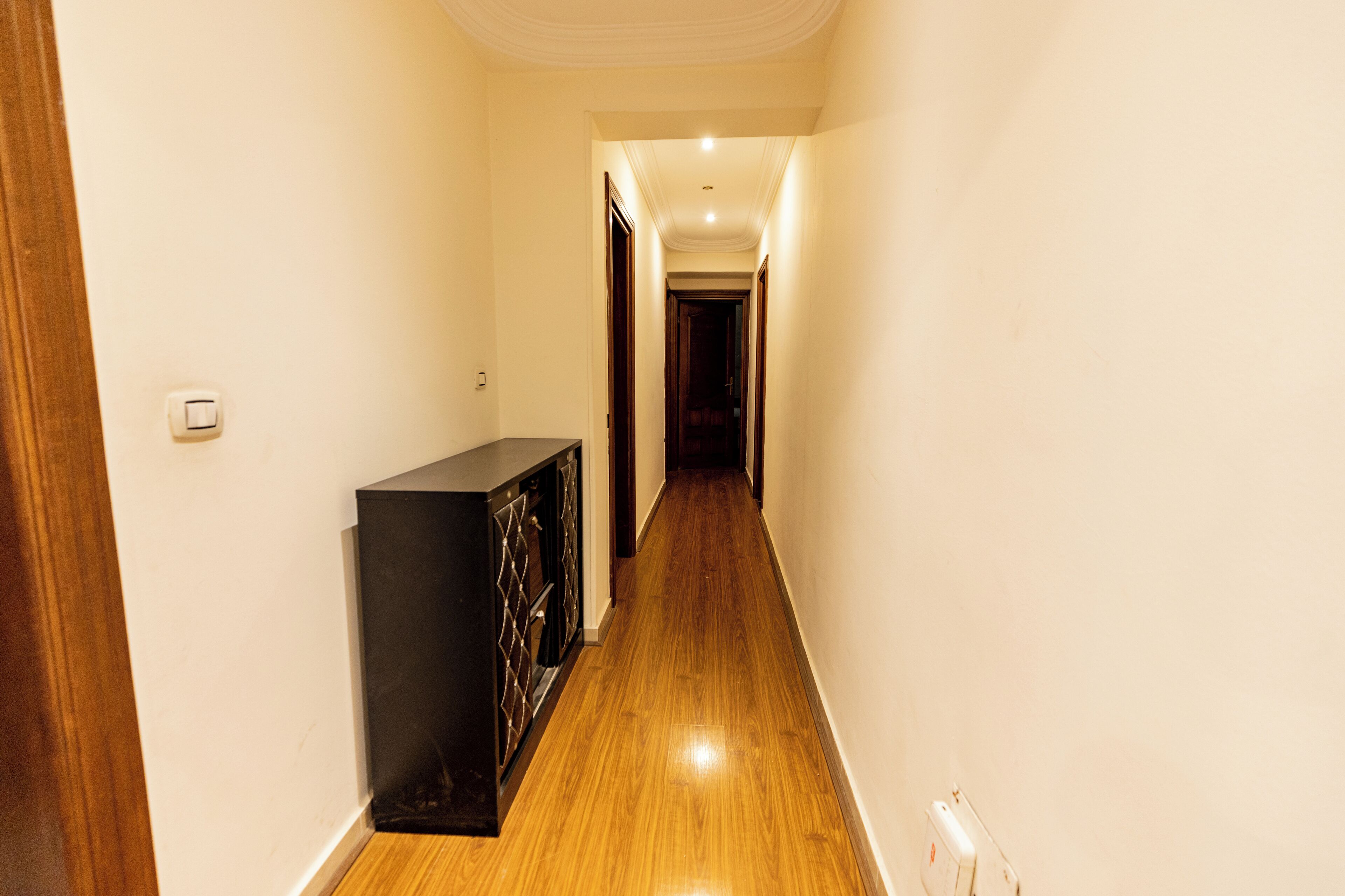 A narrow hallway with wooden flooring and a black cabinet on the left.