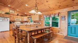 Fridge, microwave, oven, stovetop - On Mountain Time -Secluded 2BR, 2BA Log Cabin, HT (Waynesville)