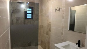A modern bathroom with a glass-enclosed shower, a white sink, and a large mirror. - Profiter de L'extèrieur Avec Cette Villa (Saint-Louis)