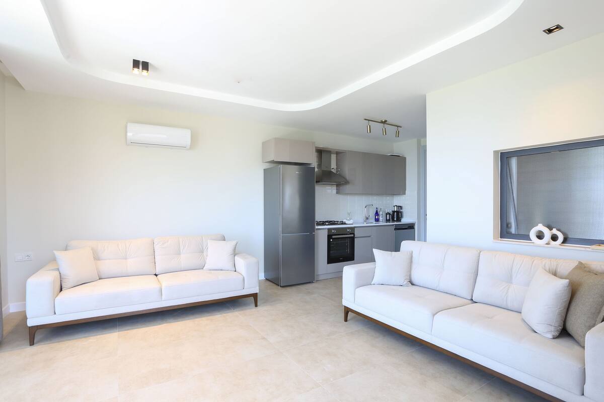 A modern living room with two white sofas, a kitchen with stainless steel appliances, and a large window with decorative elements.