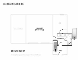Plano de planta de una propiedad en 126 Channelbend Dr. Incluye una planta baja con garaje (solo un coche), sala de estar, cocina americana y acceso.