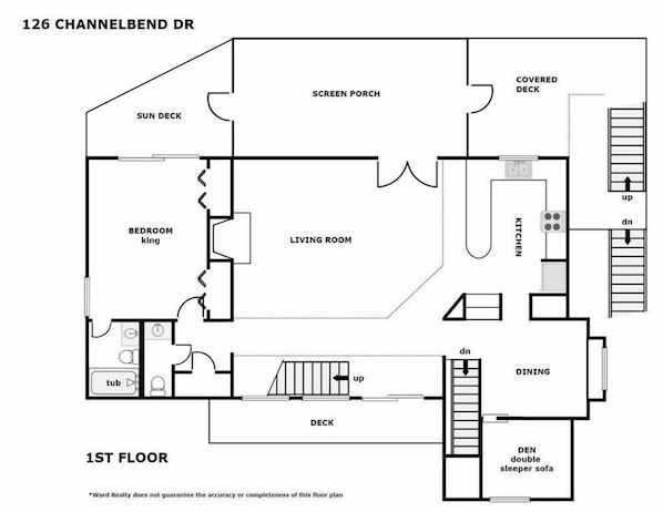 Plano de planta de un apartamento en el primer piso en 126 Channelbend DR, que incluye un dormitorio, sala de estar, cocina, comedor, terraza y terraza cubierta.